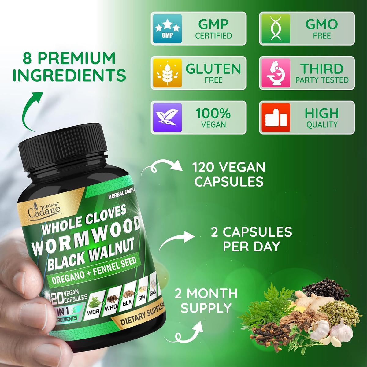 Cadane Wormwood Whole Cloves Black Walnut with Ginger, Garlic, Oregano, Fennel & Black Pepper – Digestive & Wellness Support – 120 Capsules (60-Day Supply) - görsel 3