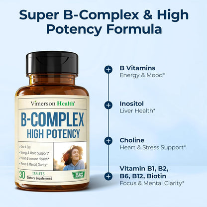 Vitamin B Complex with B12, Niacin, B6, Folic Acid – High Potency, One a Day