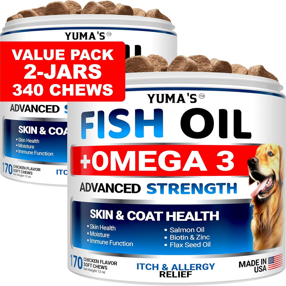YUMA'S Omega-3 Fish Oil for Dogs (2 Pack) - 170 Chews - Skin and Coat Supplement - Salmon & Chicken Flavour - görsel 1