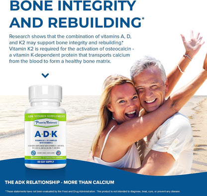 Power By Naturals ADK Vitamin Supplement – Vitamins A, D3 & K2 MK-7 for Bone Health & Calcium Absorption – 120 Capsules (Pack of 2)
