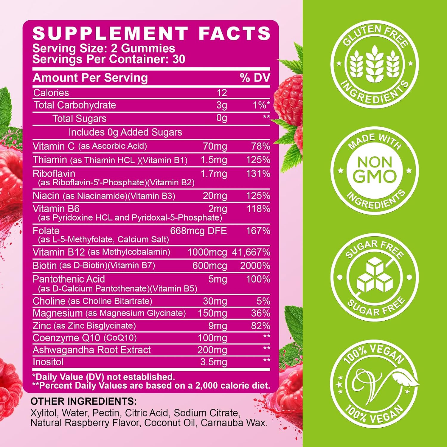Vitamin B Complex Gummies for Women and Men with B12, B1, B2, B3, B6, B7, B9, Vitamin C, Zinc, Magnesium & CoQ10 - Natural Raspberry Flavour, 60 Gummies - görsel 7