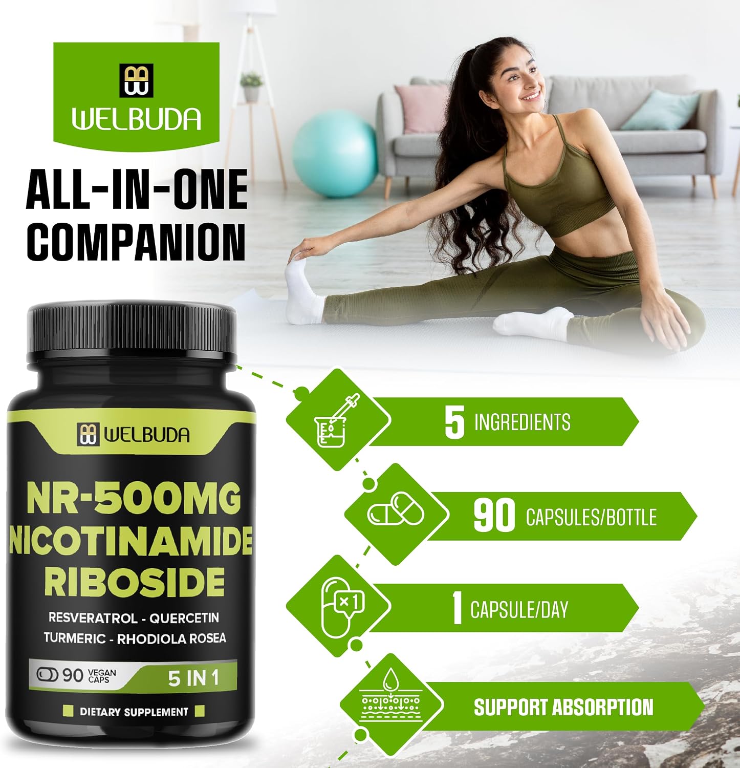 WELBUDA 5in1+ Nicotinamide Riboside Supplement with Resveratrol, Quercetin, Turmeric, Rhodiola Rosea – 90 Capsules - görsel 6