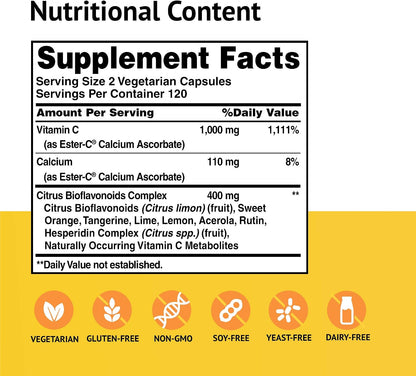 Ester-C® 500 mg with Citrus Bioflavonoids Vegetable Capsules 240 Count