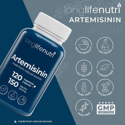 LongLifeNutri Artemisinin 150mg - Organic Sweet Wormwood Food Supplement, 120 Vegetarian Capsules