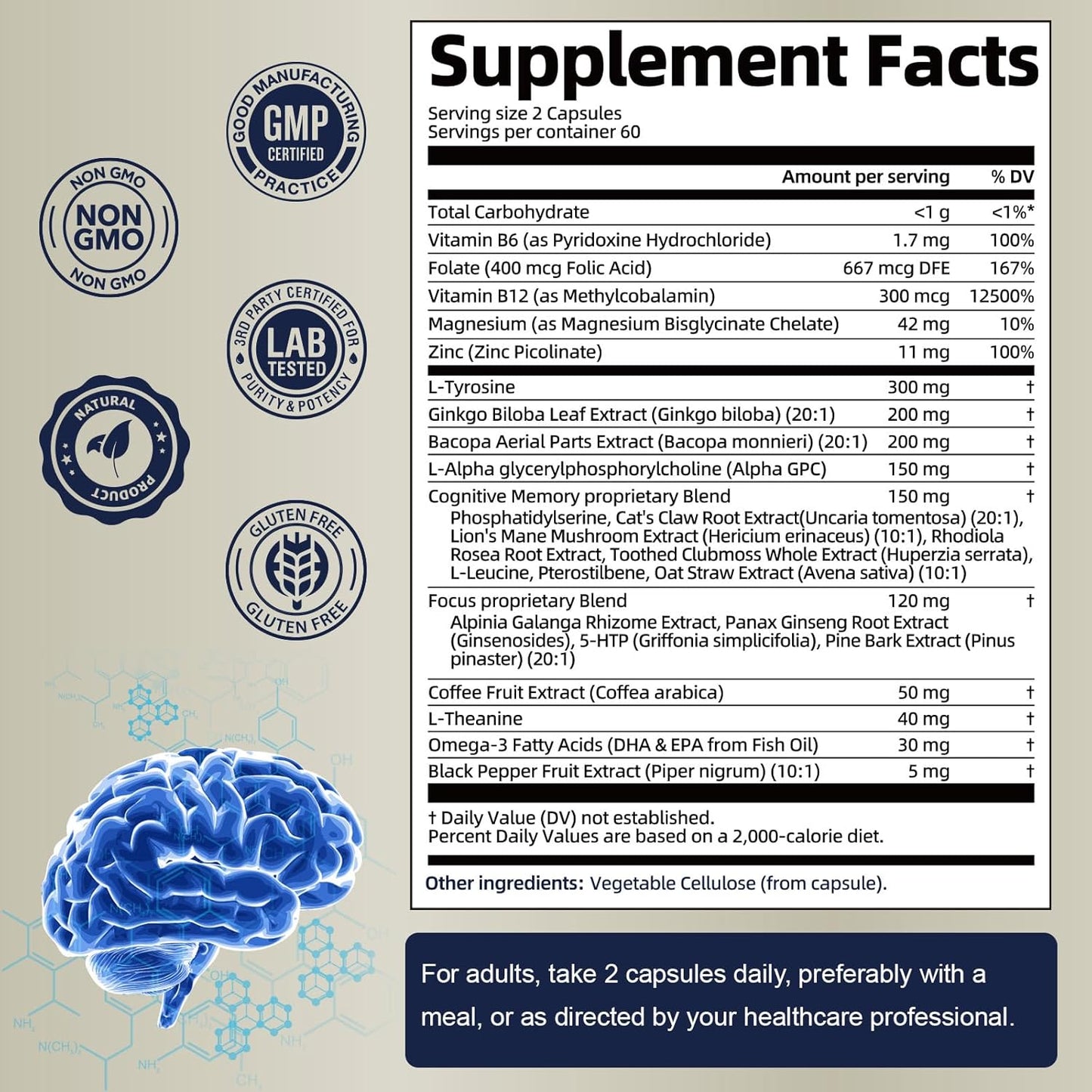 25 in 1 Brain Supplements for Memory and Focus - Nootropic Cognitive Support with L-Tyrosine, Bacopa Monnieri, Ginkgo Biloba, Alpha GPC - Non-GMO, Gluten-free - görsel 4