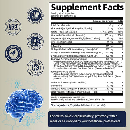 25 in 1 Brain Supplements for Memory and Focus - Nootropic Cognitive Support with L-Tyrosine, Bacopa Monnieri, Ginkgo Biloba, Alpha GPC - Non-GMO, Gluten-free