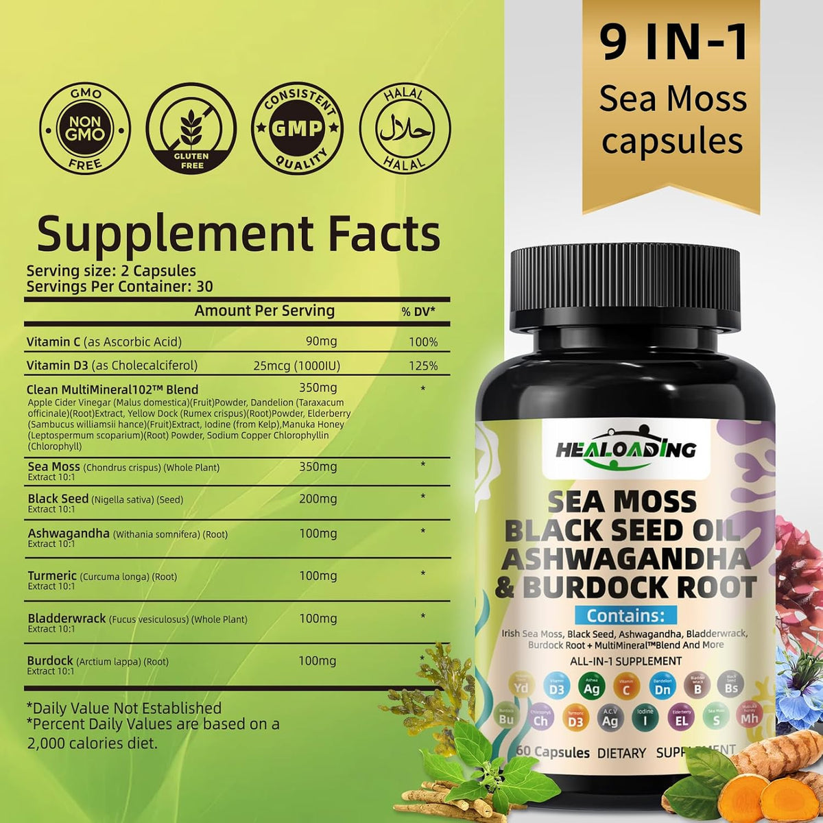 HEALOADING Sea Moss Capsules: Wildcrafted Organic Irish Sea Moss & Bladderwrack - görsel 2