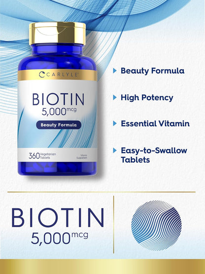 Carlyle Biotin 5000mcg - 360 Vegetarian Tablets - Hair, Skin & Nails Formula