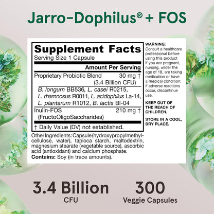 Jarrow Formulae Jarro-Dophilus + FOS - 3.4 Billion CFU Per Serving - Synbiotic with Prebiotic & Probiotics for Immune & Digestive Support - Up to 300 Servings (Veggie Capsules)