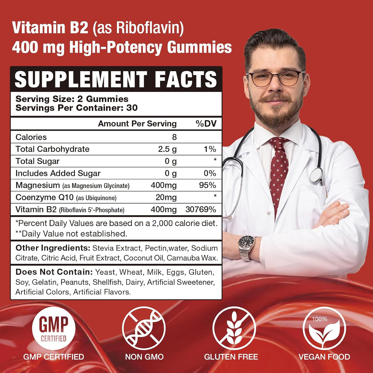 VAJYKEWJY Vitamin B2 Riboflavin 400mg Gummies for Energy & Metabolism support - Delicious Strawberry Flavour - Vegan - 120 Count - görsel 2