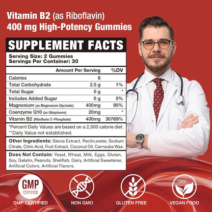 Vitamin B2 Riboflavin 400mg Gummies - Strawberry Flavour, Vegan, Non-GMO, Gluten-free - 60 Count