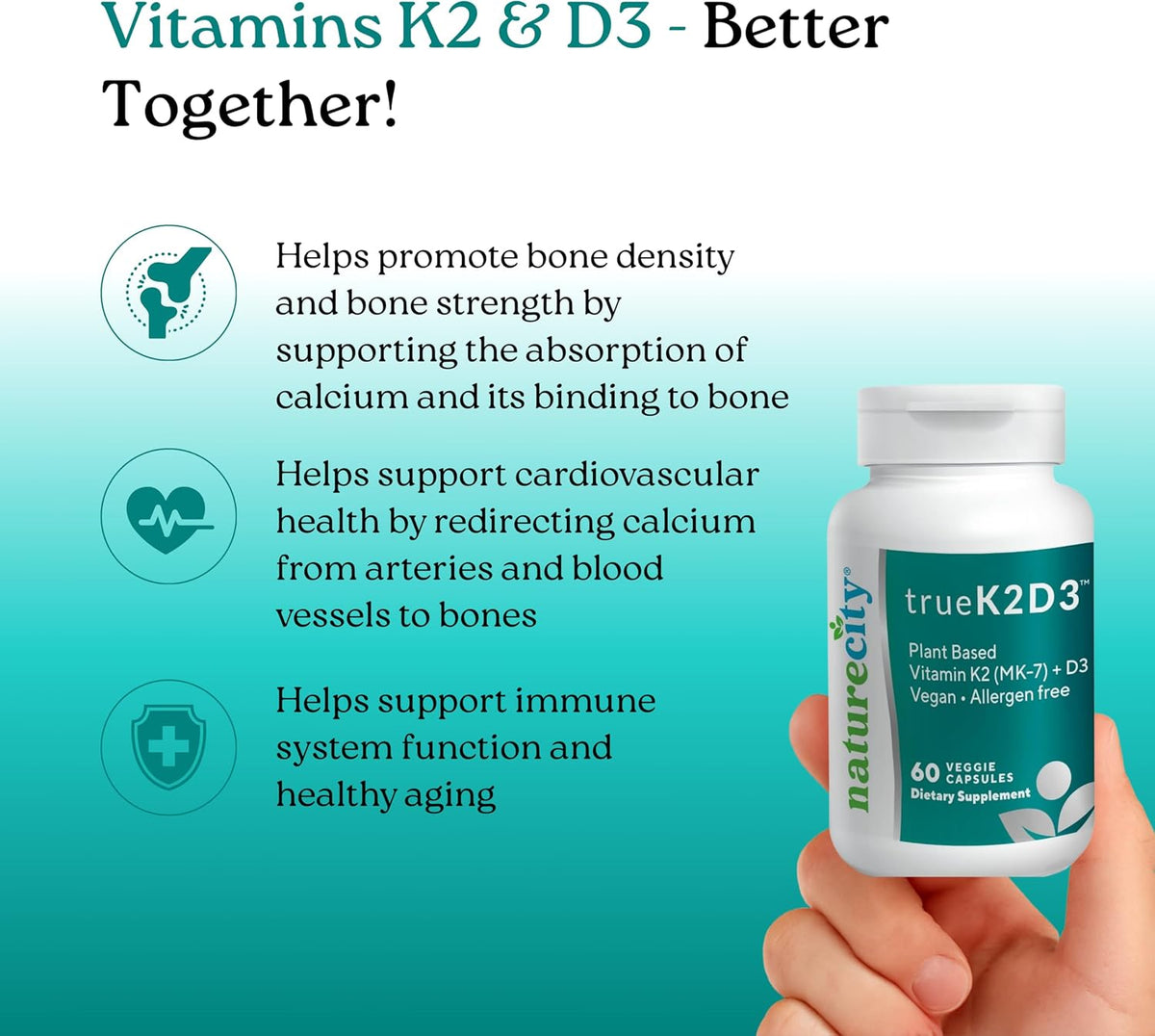NatureCity TrueK2D3 – Plant-Based Vitamin D3 – Optimum Dosage: A two‑capsule serving gives you 5,000 IU of D3 and – Image 3