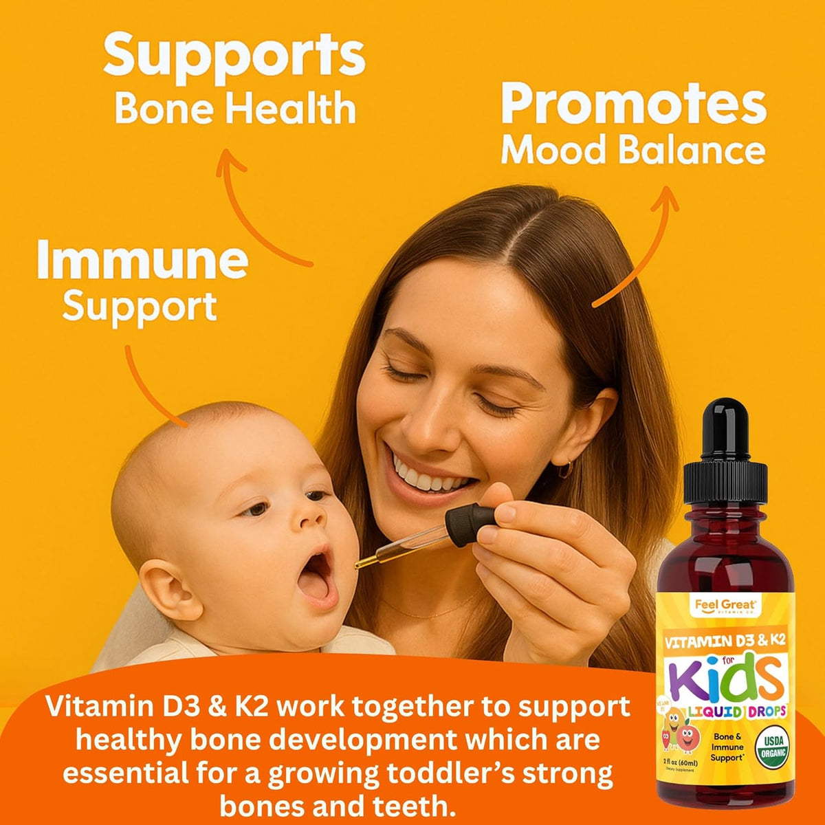 Feel Great USDA Organic Liquid Vitamin D Drops for Infants & Toddlers with K2, 2 oz - görsel 4