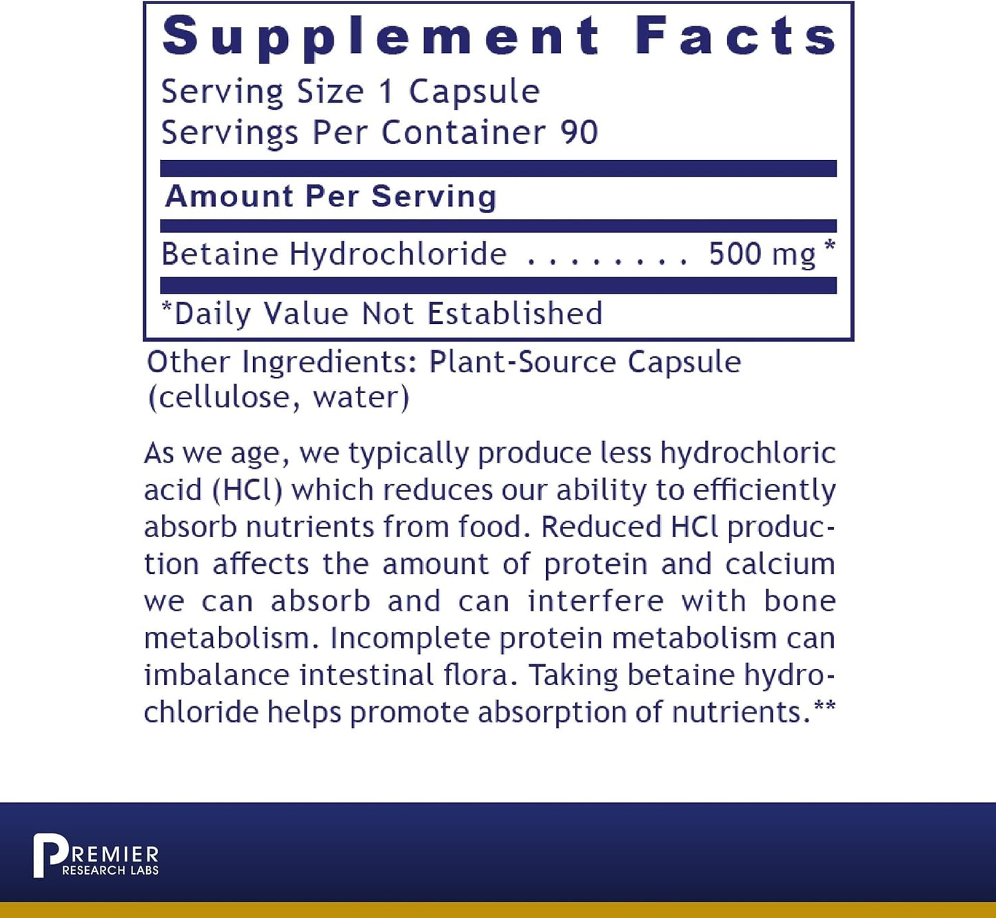 Premier Research Labs Premier HCL - Betaine Hydrochloride Supplement, 90 Vegetarian Capsules - görsel 2