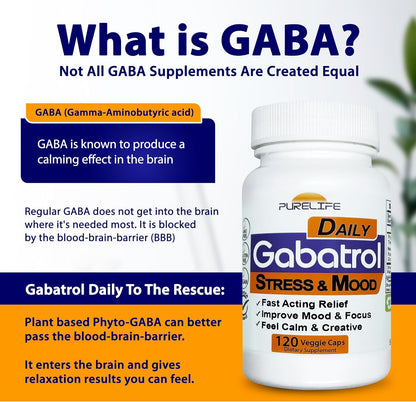 Gabatrol Daily – Plant Based GABA Supplement. Vegetarian and Vegan Friendly (120 Veggie Caps)