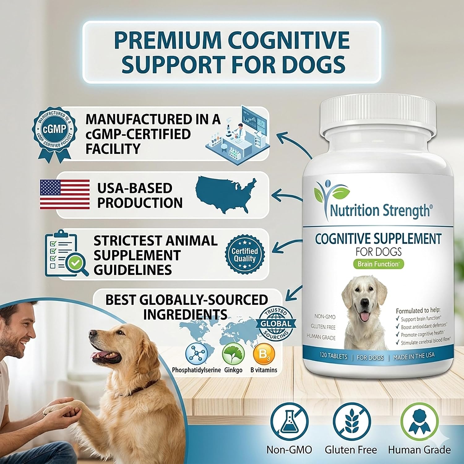 Nutrition Strength Cognitive Support for Dogs – Promotes Dog Brain Health, Mental Support Supplement, 120 Chewable Tablets - görsel 8