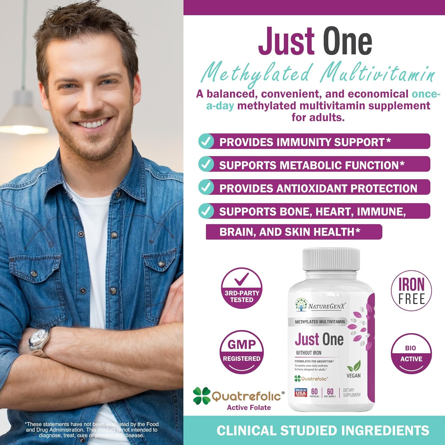 NatureGenX Just One Daily Methylated Multivitamin – Iron-Free with Methyl B12 & Methylfolate – Methylation Support for Men & Women – Vegan, Gluten-Free, Non-GMO – 60 Capsules (2-Month Supply) - görsel 2