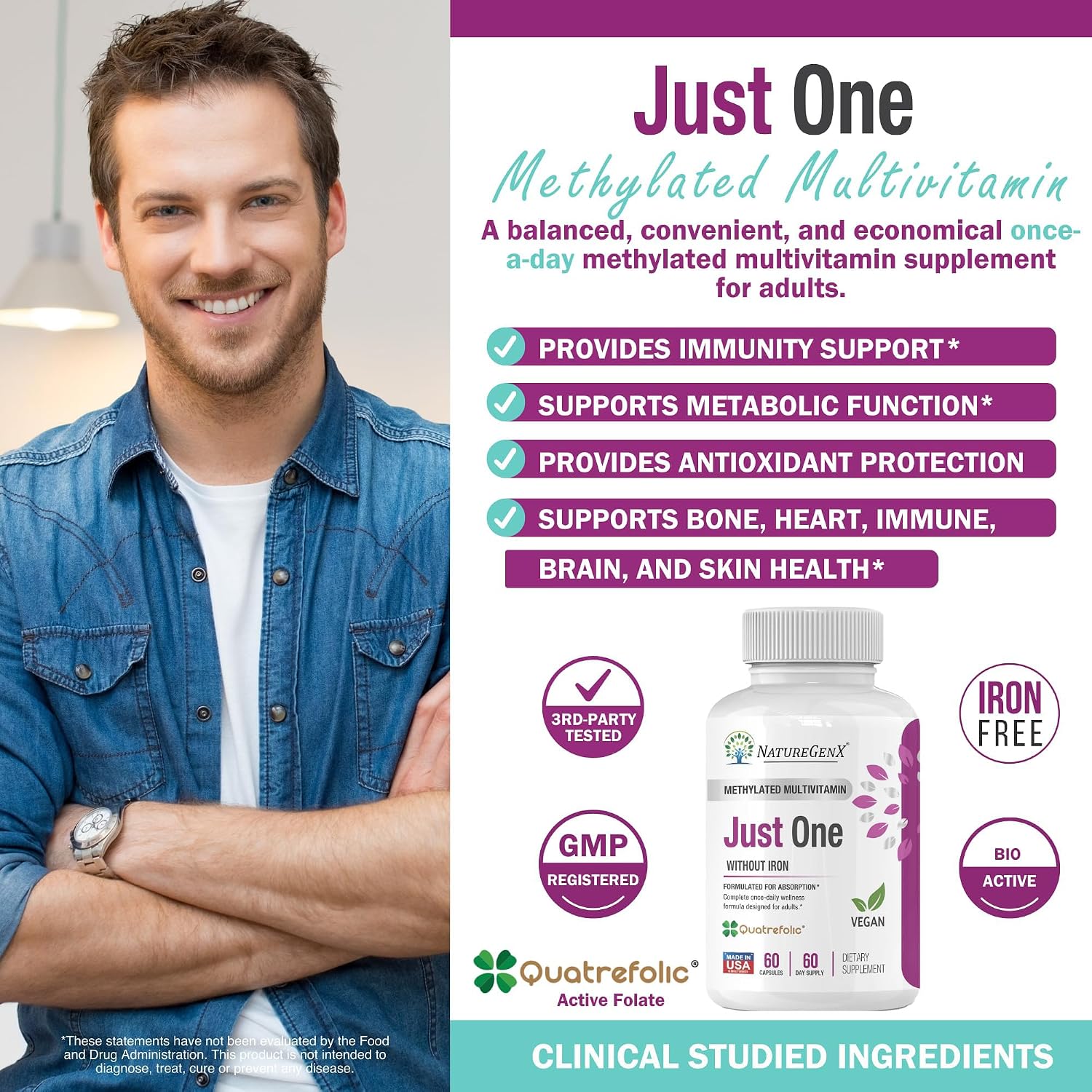 NatureGenX Just One Daily Methylated Multivitamin - Iron-Free, Methyl B12 & Quatrefolic Methylfolate, 120 Vegan Capsules (4-Month Supply) - görsel 4