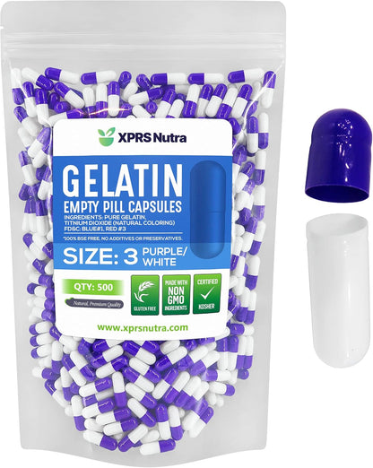 XPRS Nutra Size 3 Empty Gelatine Capsules - 500 Count (Purple/White)