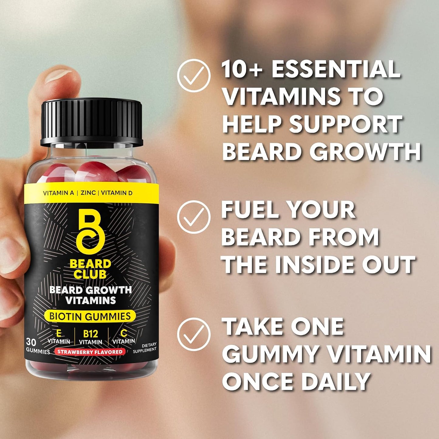 The Beard Club Biotin Beard Growth Vitamin Gummies – Hair Supplement for Men – Vitamins B12, E, & C to Support Thicker Fuller-Looking Facial Hair – Strawberry Flavour Gummy - görsel 3