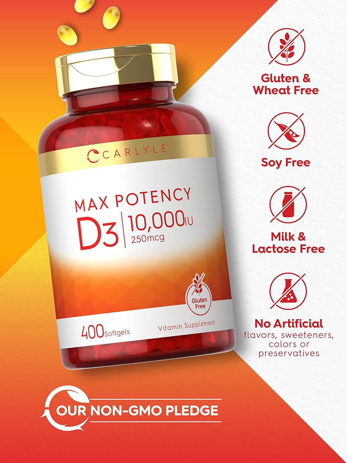 Carlyle Vitamin D3 10,000 IU, 400 Soft gel capsule Capsules – High Potency, Non-GMO, Gluten-free Food Supplement - görsel 4