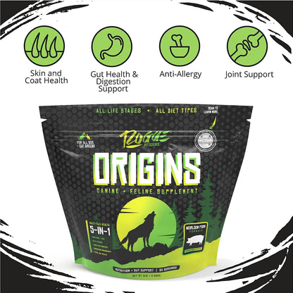 Origins 5-in-1 Dog Supplement - Powdered Food Topper with Natural Heirloom Pork Protein - Supports Healthy Digestion, Skin, and Coat (2.27 kg)