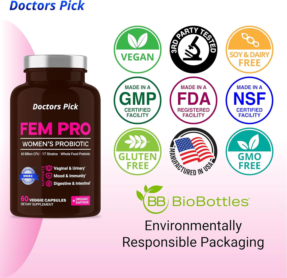 Doctors Pick Fem Pro Probiotics for Women. 17 Clinically Effective Strains for Vaginal, Digestive & Immune Support, Urinary Tract Health, pH Balance and Mood. 60 Veggie Capsules, 2 Month Supply - görsel 7