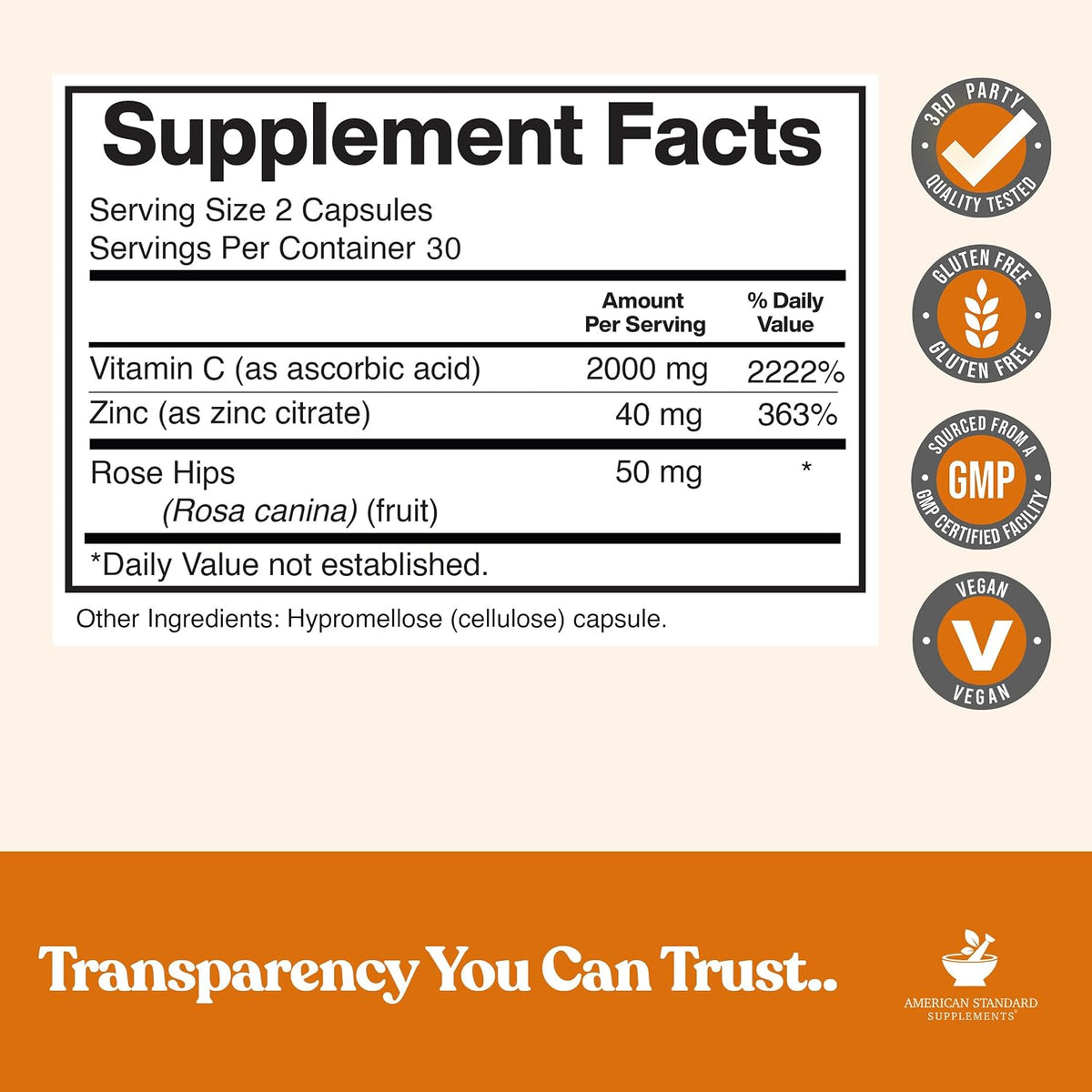 American Standard Supplements Vitamin C 2000mg, Zinc & Rose Hips - 60 Capsules - görsel 2