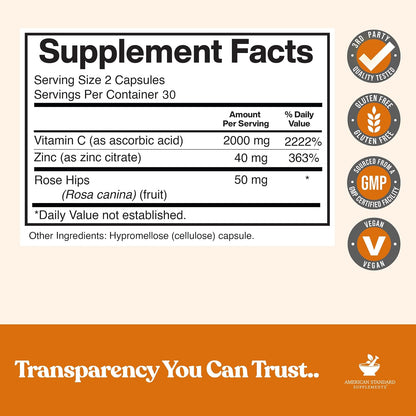 American Standard Supplements Vitamin C 2000mg, Zinc & Rose Hips - 60 Capsules