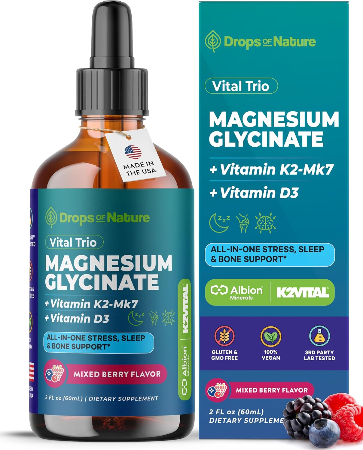 Drops Of Nature Magnesium Glycinate, Vitamin D3 & K2 Liquid Supplement – Mixed Berry, 60 mL - görsel 1