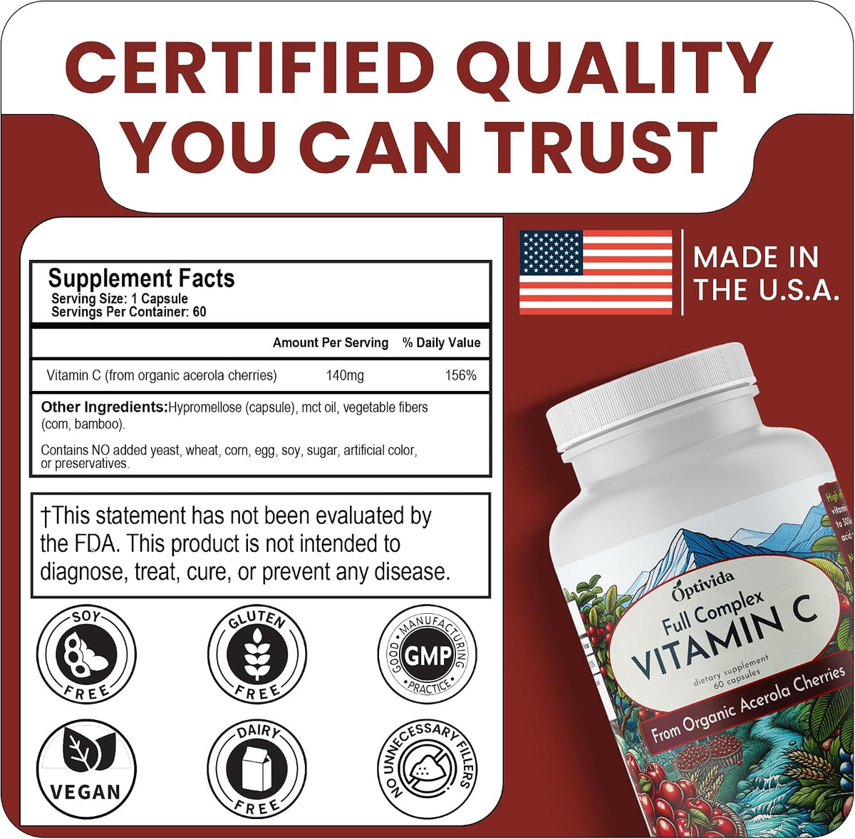 OPTIVIDA Health Acerola Cherry Vitamin C Capsules – 60-Day Supply - görsel 6