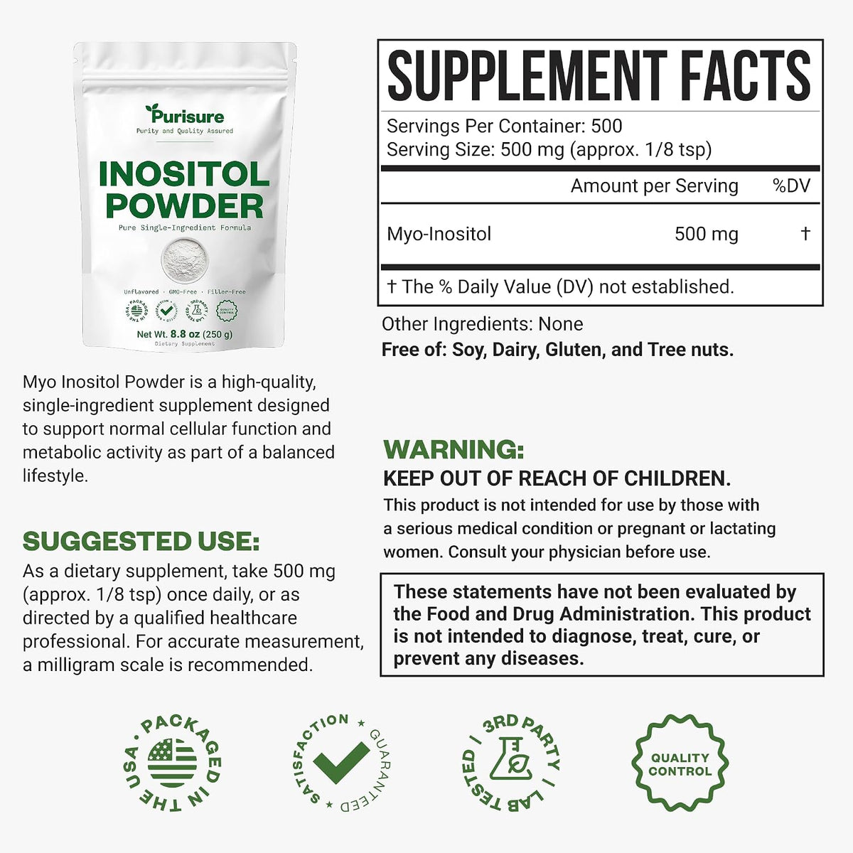 Purisure Inositol Powder (250g) - Pure Inositol for Hormonal Balance, Fertility Support & Brain Wellness - Vegan, Non-GMO, 500 Servings - görsel 2