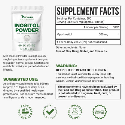 Purisure Inositol Powder (250g) - Pure Inositol for Hormonal Balance, Fertility Support & Brain Wellness - Vegan, Non-GMO, 500 Servings