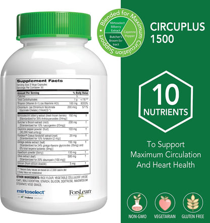 Botanic Choice CircuPlus 1500 - Heart Health and Circulation Support Supplement with Vitamin B1, Cayenne, Hawthorn, Ginkgo Biloba - 90 Capsules