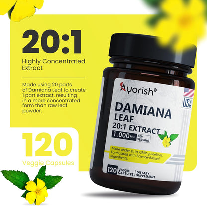 Damiana Capsules 1000mg 120 Count - 20:1 Extract - Vegan Non-GMO Herbal Supplement