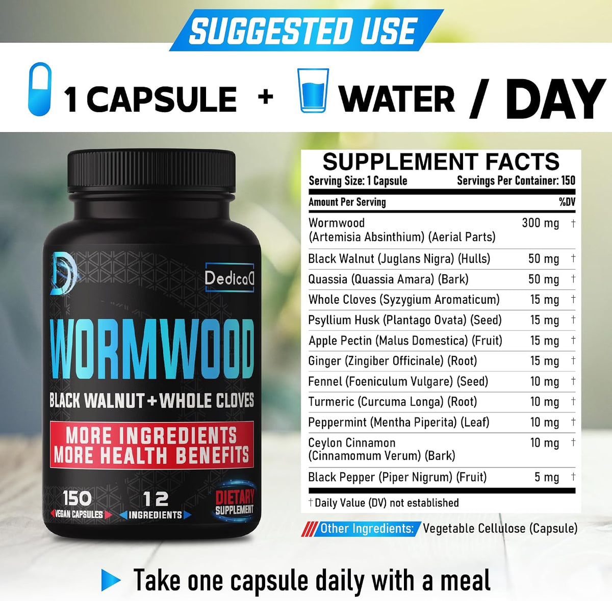 DEDICAD Premium Wormwood Extract Capsules - 5 Month Supply - 12 Herbs Blend with Black Walnut, Ginger, Turmeric & More - 150 Counts - görsel 2