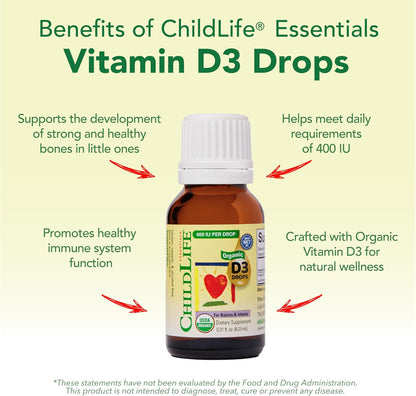 ChildLife Essentials Organic Vitamin D3 Drops – for Infants & Newborns, 400 IU per Serving, USDA Organic, Flavourless (approx. 6 ml)
