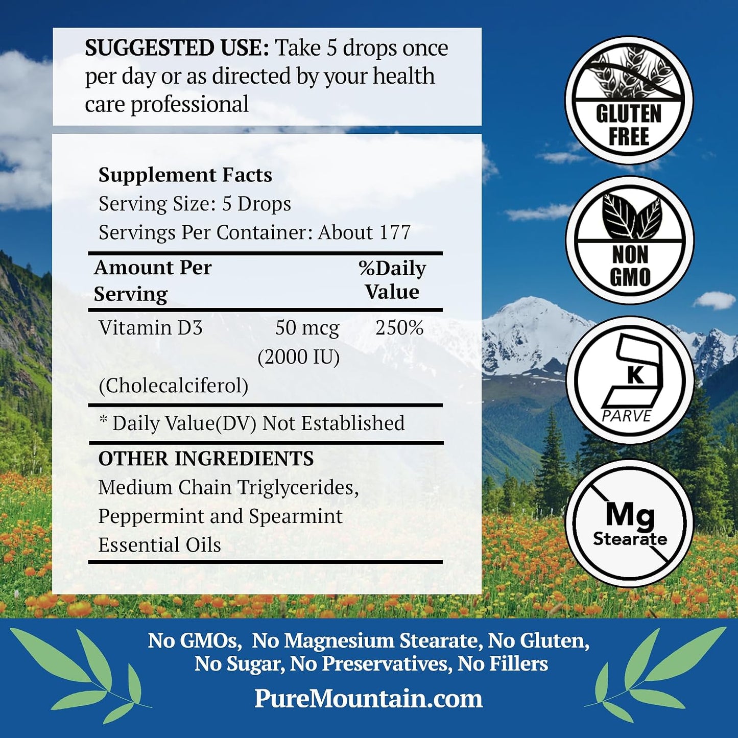 Pure Mountain Botanicals Liquid Vitamin D3 Drops - 2000 IU - Natural Mint Flavour - 30 ml - görsel 2