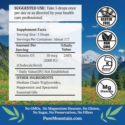 Pure Mountain Botanicals Liquid Vitamin D3 Drops - 2000 IU - Natural Mint Flavour - 30 ml