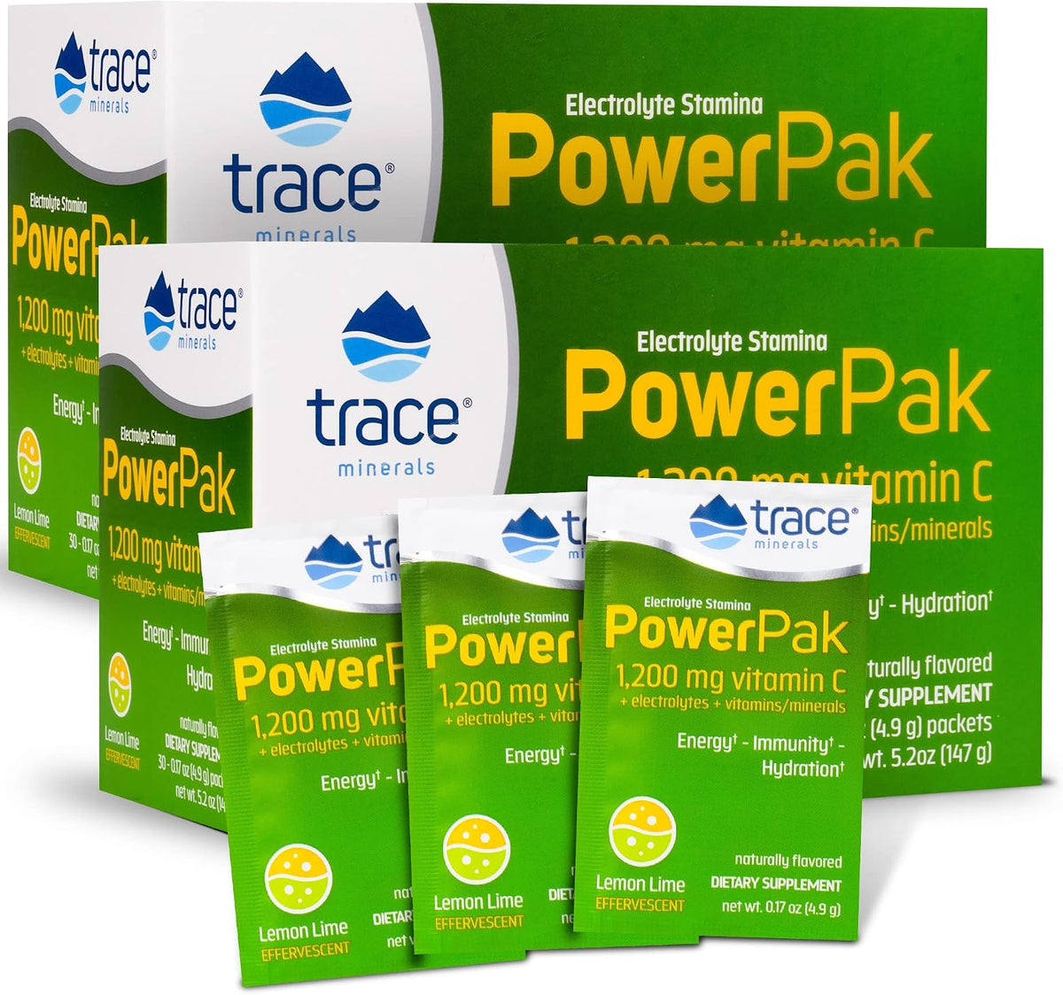 Trace Minerals Power Pak Electrolyte Powder Packets - 1200 mg Vitamin C, Zinc, Magnesium - Lemon & Lime - 60 Packets - görsel 1
