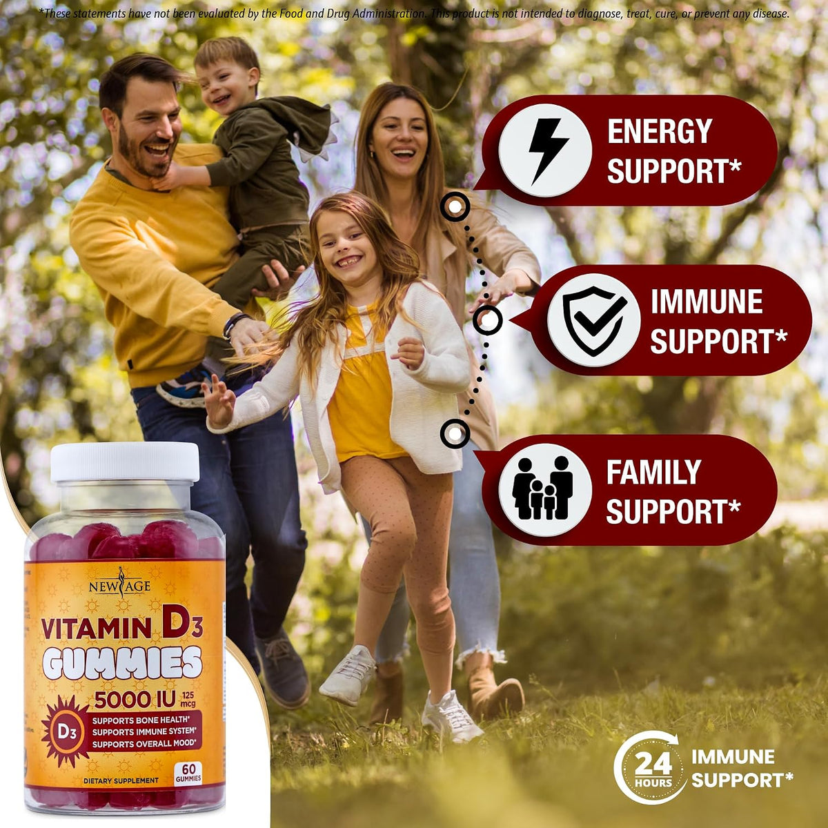 NEW AGE Vitamin D3 5000 IU (125 µg) Gummies – Immune Support, Non-GMO, Gluten-Free, Dairy-Free – 180 Count (3-Pack) - görsel 3