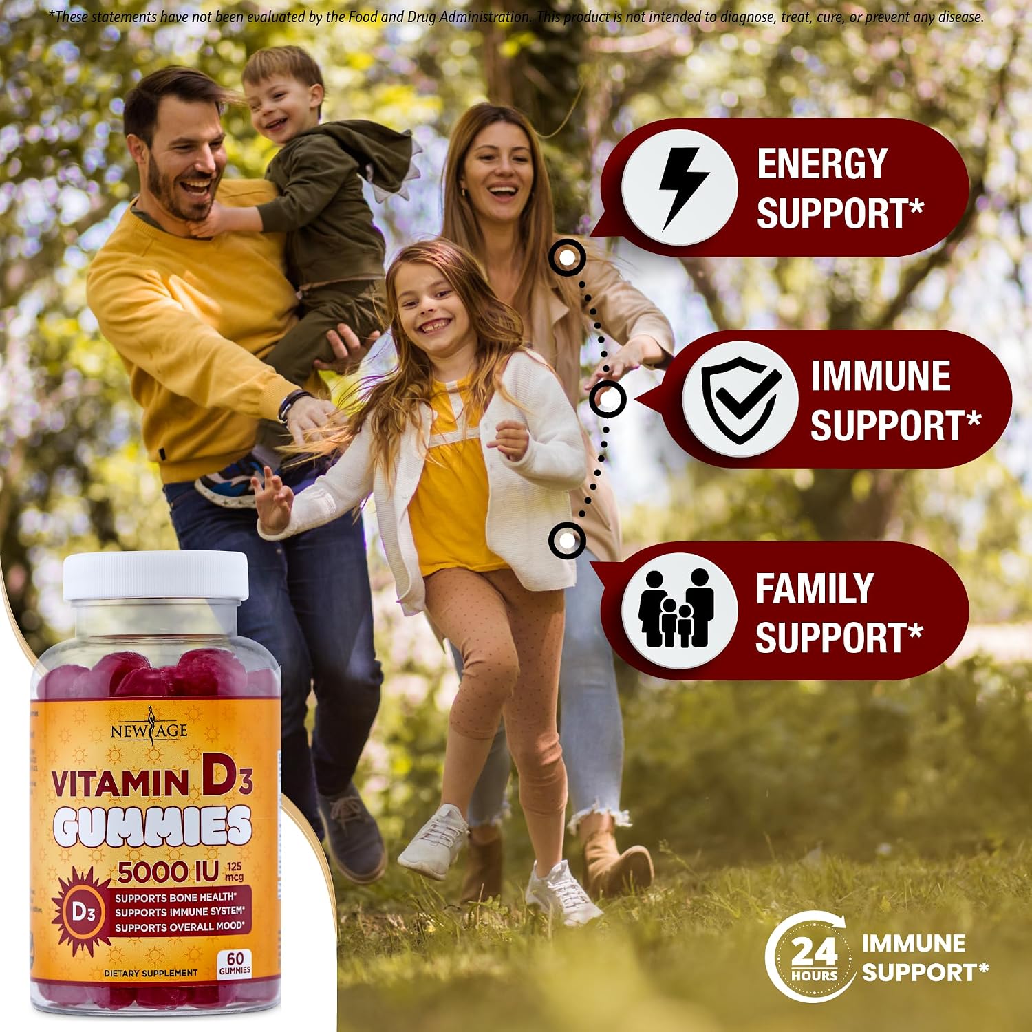 NEW AGE Vitamin D3 5000 IU (125mcg) Gummies - Immune Support - Non-GMO, Gluten-Free, Dairy-Free, No Gelatine (60 Gummies) - görsel 3