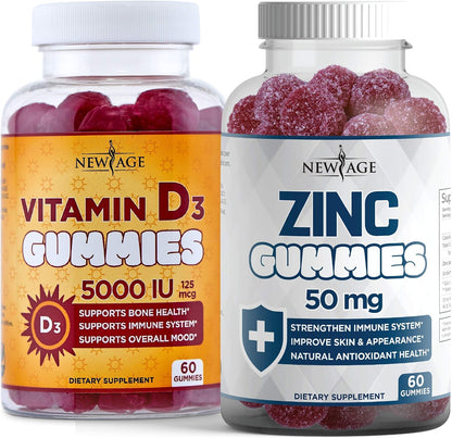 NEW AGE Immune Defence Combo - Vitamin D3 5000 IU & Zinc Gummies (2 Pack, 120 Count)