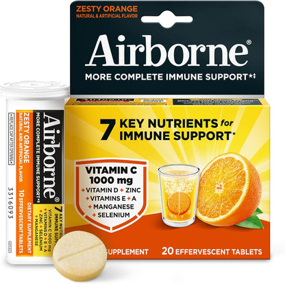 Airborne 1000mg Vitamin C with Zinc Effervescent Tablets, Food Supplement with Vitamins A, C, E & Zinc for Normal Immune Function - 20 Fizzy Drink Tablets, Tangy Orange Flavour