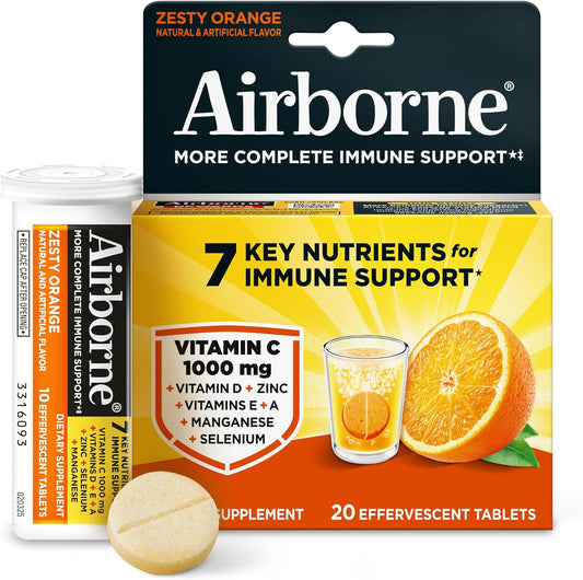 Airborne 1000mg Vitamin C with Zinc Effervescent Tablets, Food Supplement with Vitamins A, C, E & Zinc for Normal Immune Function - 20 Fizzy Drink Tablets, Tangy Orange Flavour