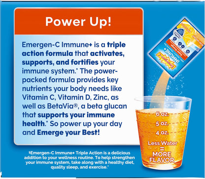 Emergen-C Immune+ Triple Action Immune Support Powder, BetaVia®, 1000mg Vitamin C, B Vitamins, Vitamin D and Antioxidants, Super Orange – 50 Count
