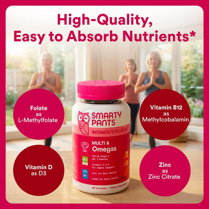 SmartyPants Women’s Plus 50+ Multi & Omegas Multivitamin Gummies with Omega-3 DHA/EPA, Methylfolate, CoQ10, Vitamin D3, C, B12, B6, A, K, Biotin, Two Fruit Flavours, 90 Count (30 Day Supply)