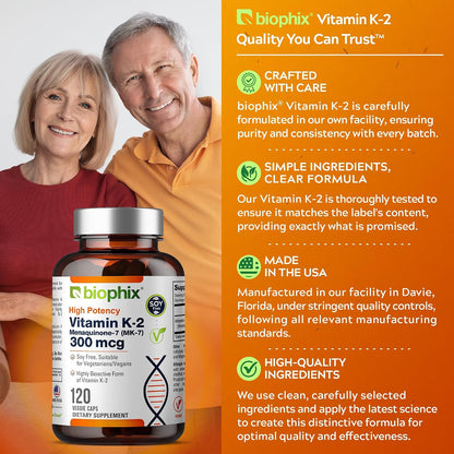 biophix Vitamin K2 MK-7 300mcg, 120 Vegan Capsules – High-Strength Supplement for Bone Strength and Immune Health