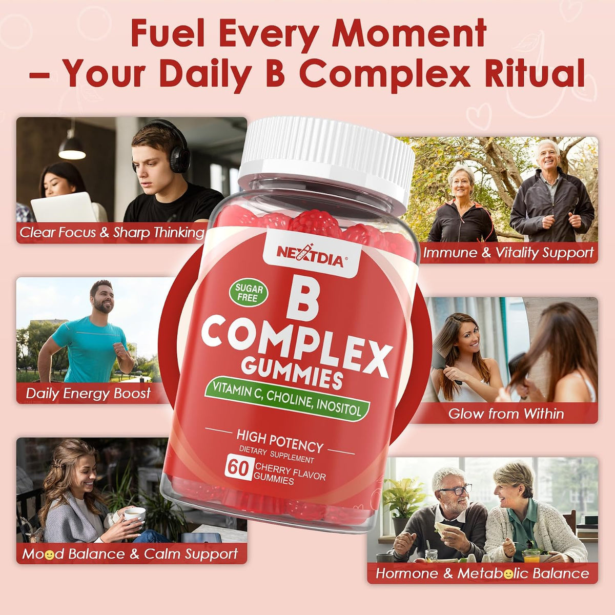Methylated Vitamin B Complex Gummies - B12 & Folate with B1, B2, B3, B5, Biotin, Vitamin C, Zinc, Choline & Inositol - 60 Count - görsel 7