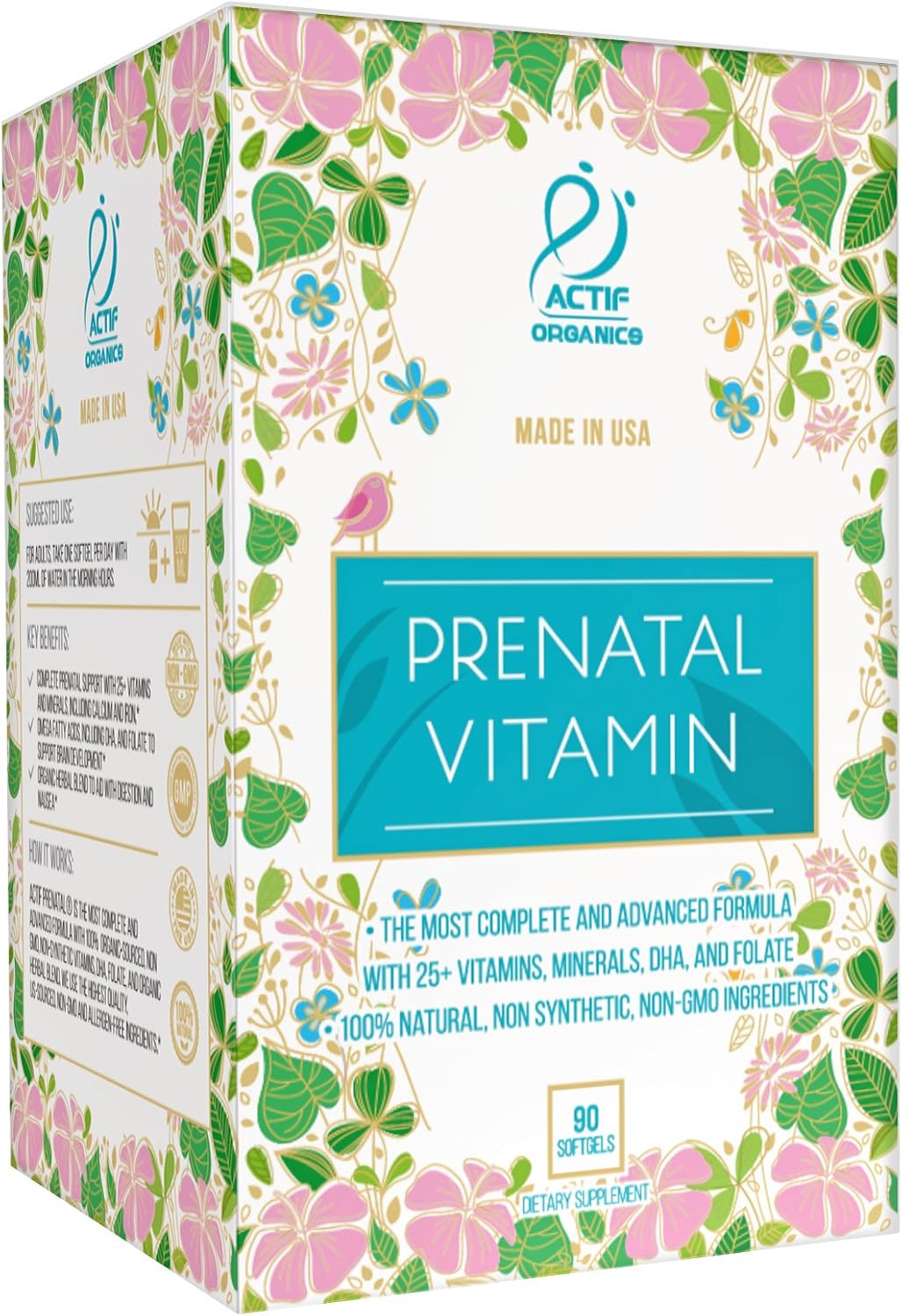 Actif Organic Prenatal Vitamin - 25+ Organic Vitamins, DHA, EPA, Omega-3, Choline - Non-GMO, 90 Capsules - görsel 4